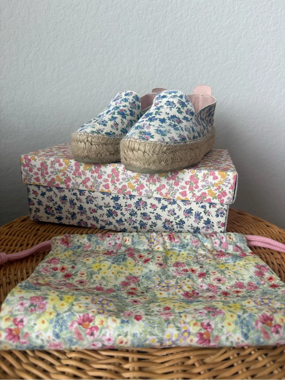 LoveShackFancy Floral Espadrilles in Blue, Pink, Cream box and bag so cute